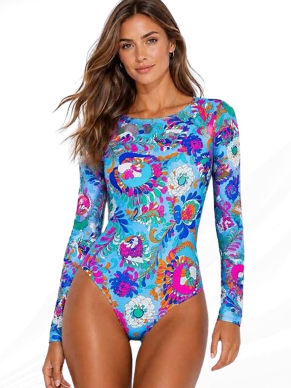 Kate Spade New York Long Sleeve Zip One Piece Swimsuit Floral Spring Water L